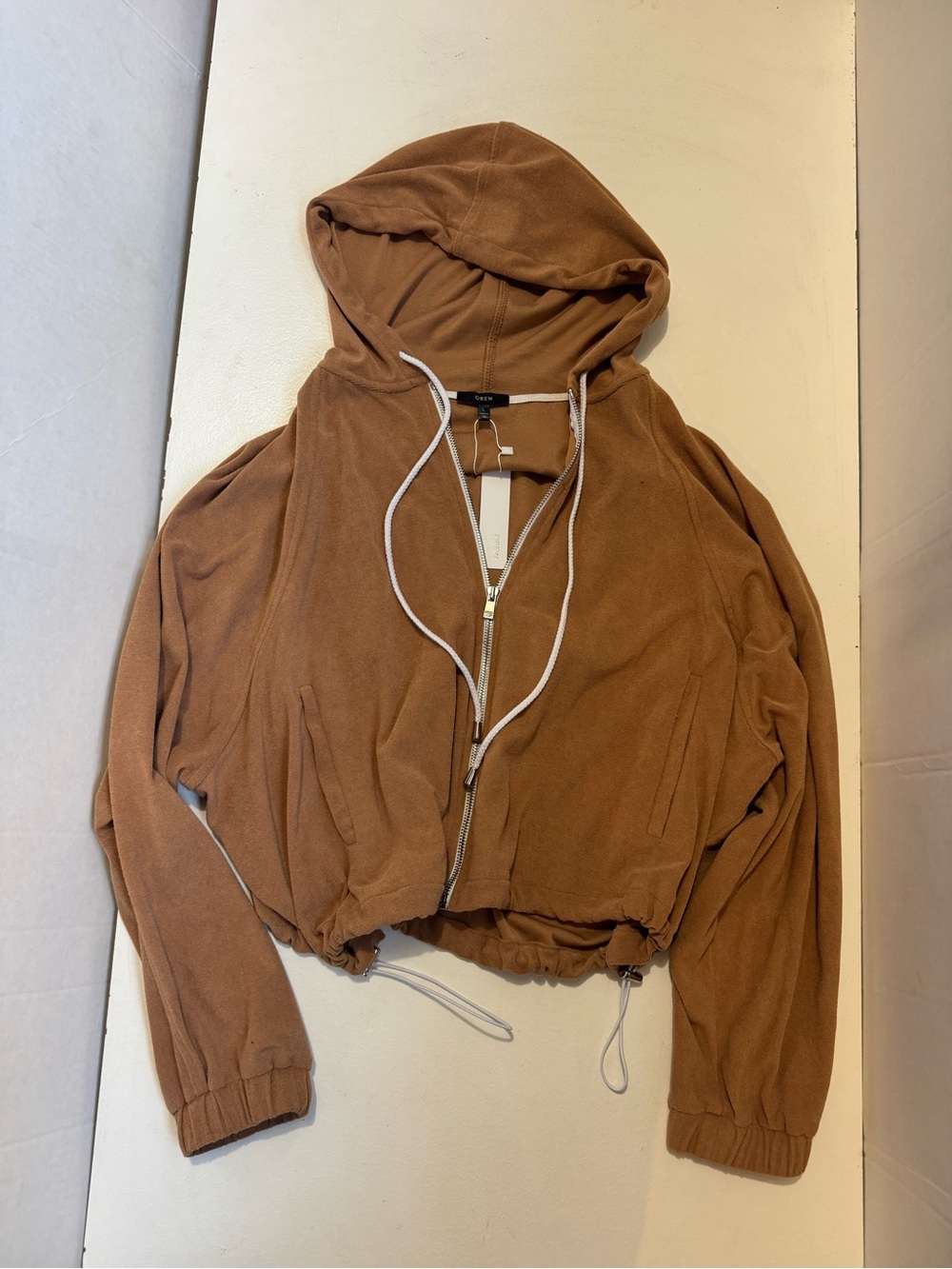 NEW DREW diana jacket in caramel-brown, full-zip hooded cropped sweatshirt large